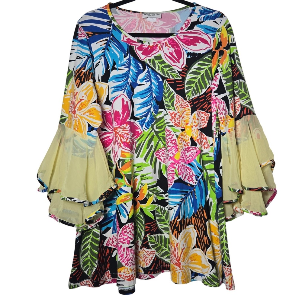 Shane Lee Womens Floral Bell Sleeve Tunic Top Large Tropical Resort Art Boho